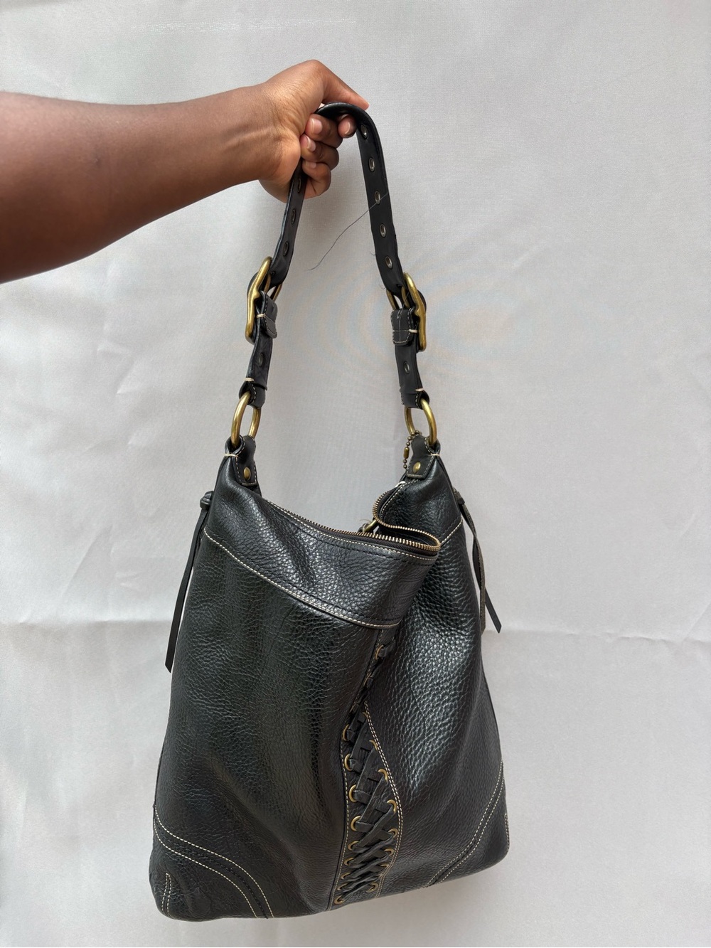 Coach Black Leather Shoulder Bag with Brass Hardware